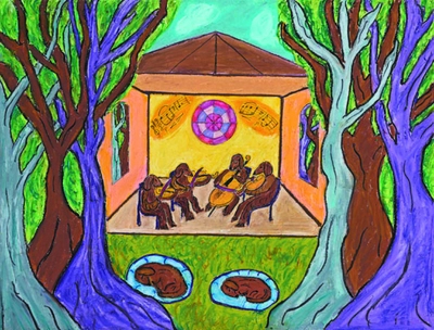 The Dachshund Quartet (1995) by David Blum Oil pastel on paper, 17.5 x 23.5 inches